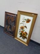 An early 20th century hand painted porcelain panel depicting sunflowers, in gilt frame,