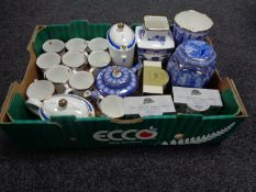 A box of Ringtons china, Centenary caddy, teapot and mugs, Cathedral tea caddy,
