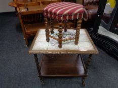 A 20th century continental barley twist tile top trolley together with a bobbin turned hexagonal