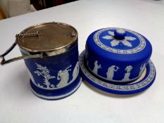 A Wedgwood Jasperware cheese dish and cover together with a biscuit barrel with plated lid and