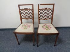 A pair of 19th century inlaid mahogany tapestry seated bedroom chairs