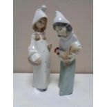 Two Lladro figures of a girl with cockerel and a girl with basket.