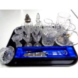 A tray of assorted glass ware, boxed Waterford Crystal cake slice, etched glass, water jug,