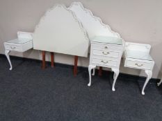 A white and gilt continental headboard and matching two drawer bedside stand with slide and 3'