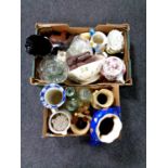 Two boxes of miscellaneous to include antique vases, Chinese blue and white vase, elephant figures,