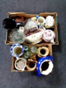 Two boxes of miscellaneous to include antique vases, Chinese blue and white vase, elephant figures,
