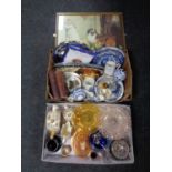 Two boxes of glass comport, Sadler tea ware, blue and white plates, two vintage books,