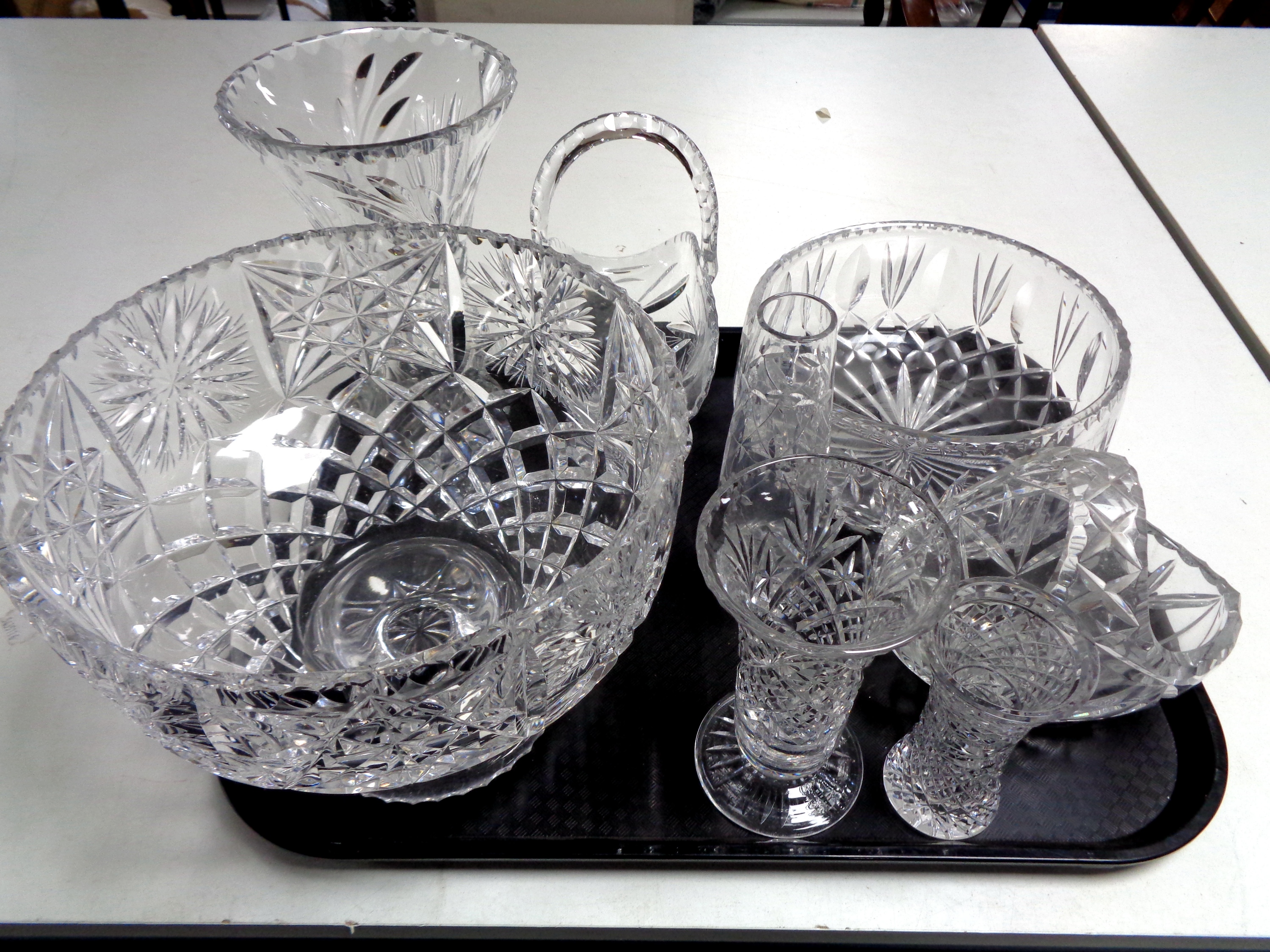 A tray of cut glass and lead crystal to include fruit bowls, baskets,