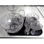A tray of cut glass and lead crystal to include fruit bowls, baskets,