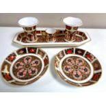 Six pieces of Royal Crown Derby Imari porcelain to include pair of squat vases, height 6cm,