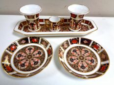 Six pieces of Royal Crown Derby Imari porcelain to include pair of squat vases, height 6cm,