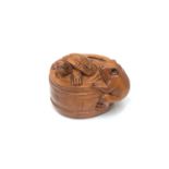 A carved Chinese hardwood netsuke - Turtle and frog in barrel