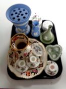 A tray containing Wedgwood blue and green jasperware including rose bowl, Mason's Mandalay china,