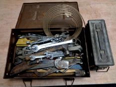 A World War II ammo crate containing a large quantity of tools, knife in sheath etc,