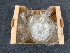 A box containing a large quantity of 20th century pressed glass, gilt drinking glasses,