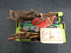 A box containing a quantity of hand tools, drills,