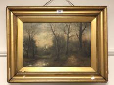 20th century school : A figure in woodland, oil on canvas,