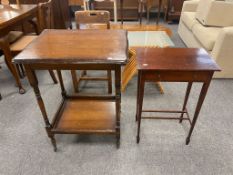 A mahogany side table on tapered legs and a two tier serving trolley