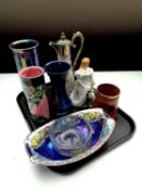 A tray containing silver plate mounted claret jug, Maling lustre sleeve vase, Maling bowl,