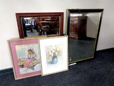 A contemporary black and gilt bevel edged over mantel mirror together with one further over mantel