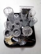 A tray containing 20th century glassware, cutlery, cut glass, photograph frame,