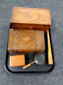 A tray containing Victorian inlaid walnut trinket box, Victorian mahogany caddy, magnifying glass,