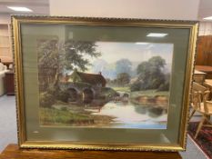 A gilt framed print after Spencer Colman : bridge over a stream