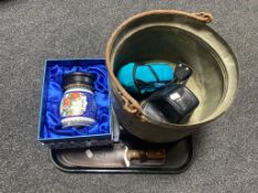 A tray containing swing handled metal cooking pot, bottle corking set, oriental style vase in box,