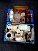 Two boxes containing 20th century glassware, commemorative china,