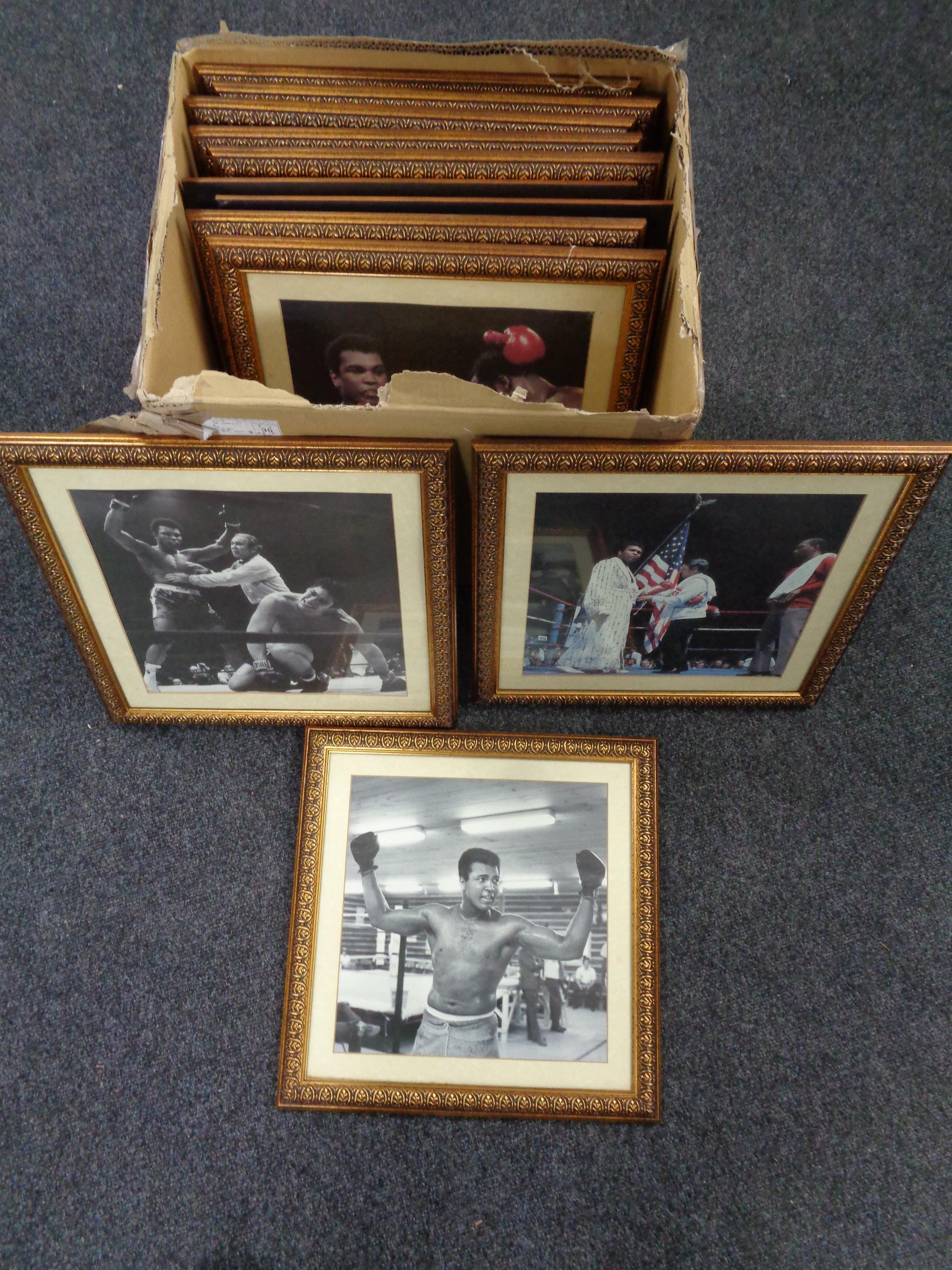 A box of gilt framed monochrome pictures of Mohammed Ali