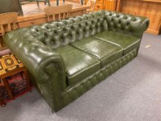 A green button leather Chesterfield three seater settee