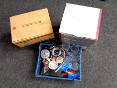 A crate containing 20th century lustre tea china, glassware,