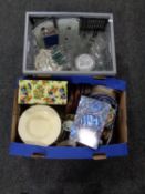 A box and a crate containing 20th century glassware, collector's plates,