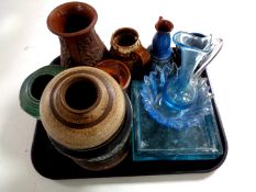 A tray containing 20th century studio pottery,