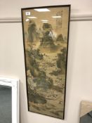 A 20th century Japanese painting on silk depicting a landscape with figures,