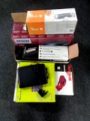 A quantity of boxed electricals including Dirt Devil hand vacuum, Technica micro hifi system,