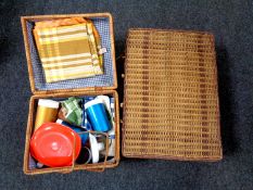 A wicker picnic hamper and contents together with one other empty hamper