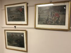 Three gilt framed colour prints depicting hunting,