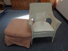 A contemporary loom armchair and an upholstered stool