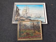 A Robert Turnball oil painting depicting tall masted ships in harbour, together with a further oil,