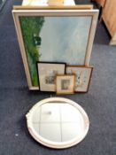 A painted and gilt oval mirror together with a quantity of pictures and prints,