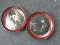 A pair of early 20th century Japanese Shibayama mother of pearl inlaid circular plaques in