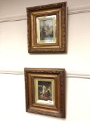 A pair of antique pictures depicting figures, indistinctly signed,