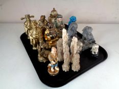 A tray containing pair of Chinese carved soap stone temple dogs, brass Buddha figures,