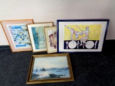 A framed E Thompson print of a tall ship together with four other framed prints