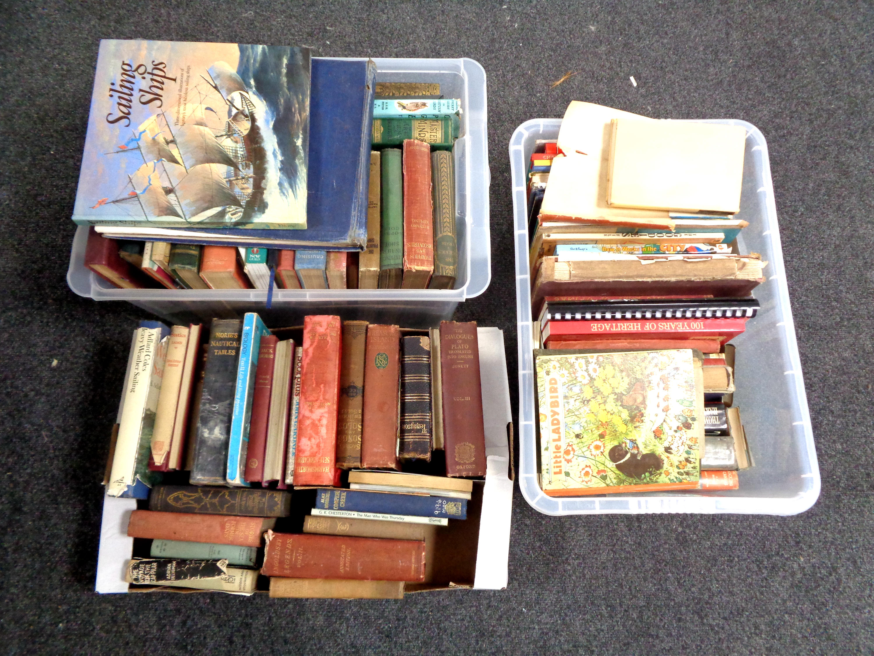 Three boxes containing a large quantity of antiquarian and later volumes including Tolstoy,