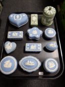 A tray of twelve Wedgwood Jasperware lidded pots and trinket dishes