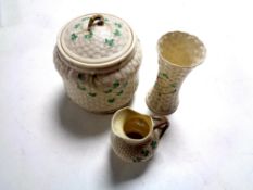 Three pieces of Belleek cloverleaf patterned china to include lidded biscuit barrel,