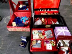 A tray containing jewellery boxes containing assorted costume jewellery, lady's wristwatches,