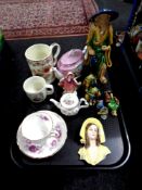 A tray of ceramics : Japanese pottery figures, Paragon china trio, Adams mug,